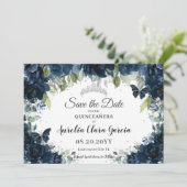 Dark Navy Blue Floral XV Quinceañera Save the Date (Staand voorkant)