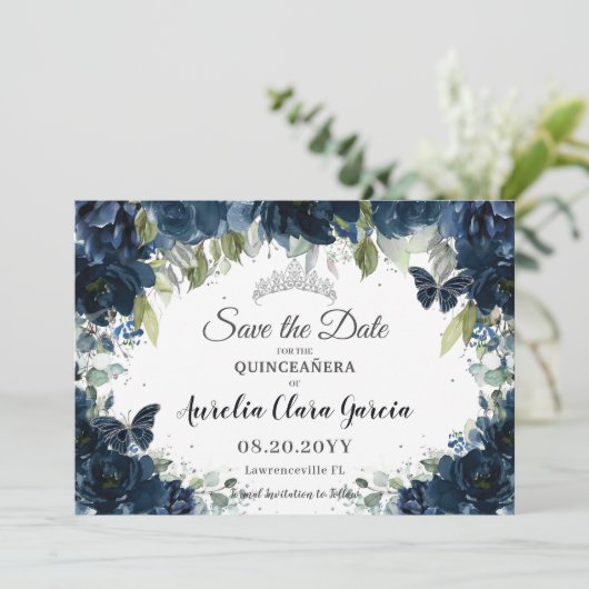 Dark Navy Blue Floral XV Quinceañera Save the Date (Staand voorkant)