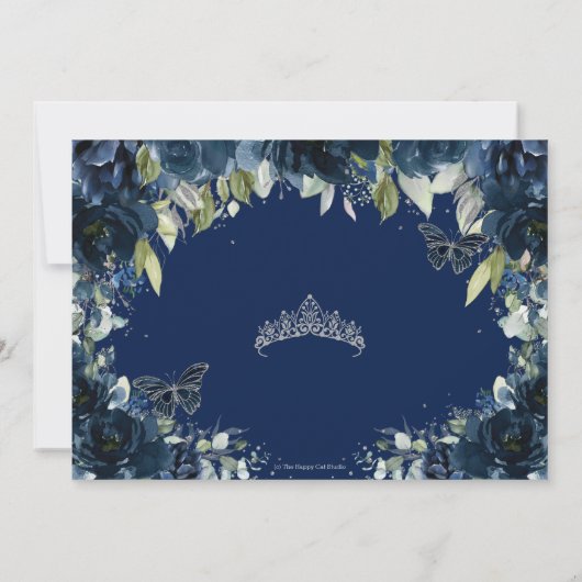 Dark Navy Blue Floral XV Quinceañera Save the Date (Achterkant)