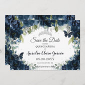 Dark Navy Blue Floral XV Quinceañera Save the Date (Voorkant / Achterkant)
