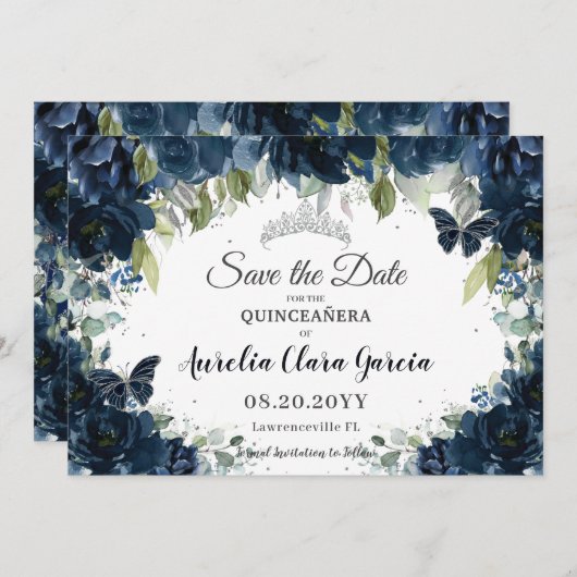 Dark Navy Blue Floral XV Quinceañera Save the Date (Voorkant / Achterkant)