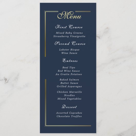 Dark Navy Blue Gold Frame White Script Menu Choice (Voorkant)