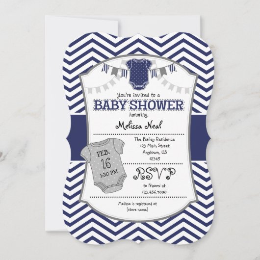 Dark Navy Blue Grey Chevron Baby shower Invitation Kaart (Voorkant)