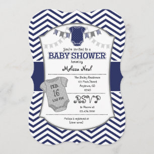 Dark Navy Blue Grey Chevron Baby shower Invitation Kaart