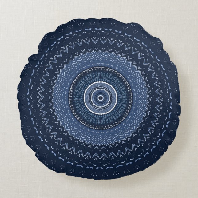 Dark Navy Blue Mandala Rond Kussen (Voorkant)