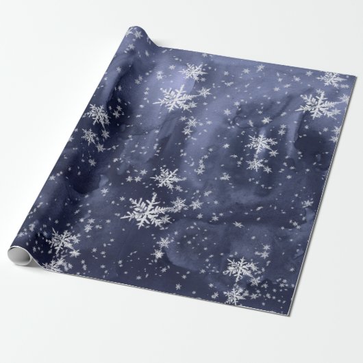 Dark Navy Blue Night Sky Fresh Fallen Snowflakes Cadeaupapier (Uitgerold)