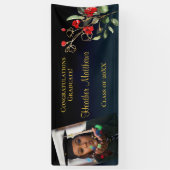 Dark Navy Blue Red Floral Gold Afstuderen Spandoek (Verticaal)