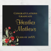 Dark Navy Blue Red Floral Gold Afstuderen Sparkling Wijnetiket (Enkel label)