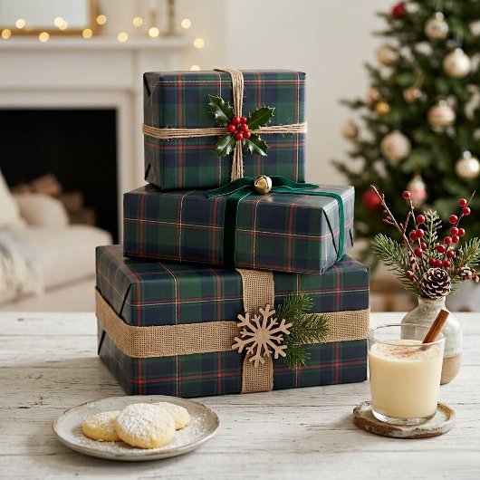 Dark Navy Blue Red Green Plaid Wrapping Paper Cadeaupapier