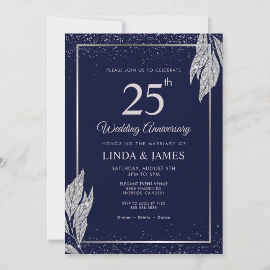 Dark Navy Blue Silver Leaf Wedding Anniversary Kaart (Voorkant)