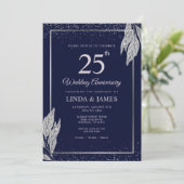 Dark Navy Blue Silver Leaf Wedding Anniversary Kaart (Staand voorkant)