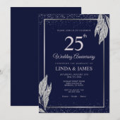 Dark Navy Blue Silver Leaf Wedding Anniversary Kaart (Voorkant / Achterkant)