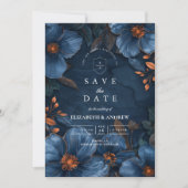 Dark Navy Botanical Romance Save The Date (Voorkant)