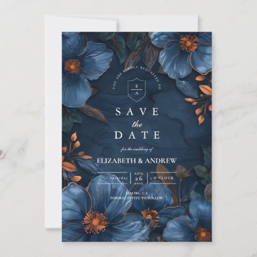 Dark Navy Botanical Romance Save The Date (Voorkant)