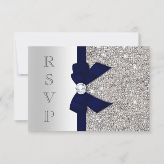 Dark Navy Faux Bow Silver Sequins Diamond RSVP (Voorkant)