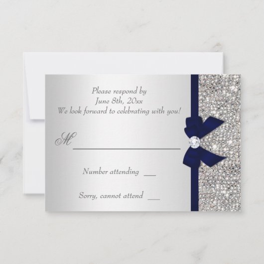 Dark Navy Faux Bow Silver Sequins Diamond RSVP (Achterkant)