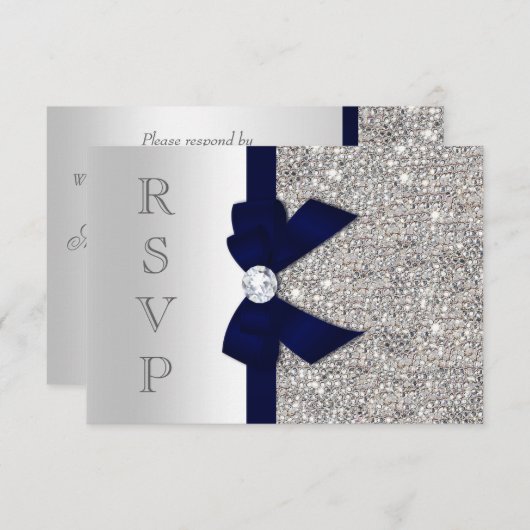 Dark Navy Faux Bow Silver Sequins Diamond RSVP (Voorkant / Achterkant)