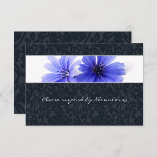 Dark Navy Floral Damask rsvp met envelop (Voorkant / Achterkant)