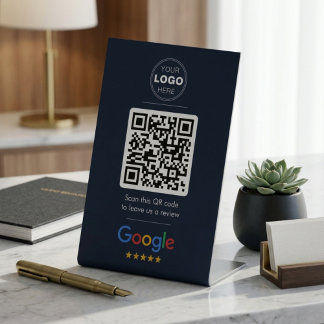 Dark Navy Google Review QR Code Logo Reclamebord Met Voetstuk