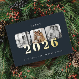 Dark Navy Happy New Year 2026 Photo Gold Folie Feestdagen Briefkaart