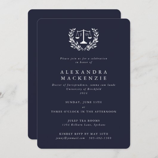 Dark Navy JD Law Scales Laurel Wreated Afstuderen  Kaart (Voorkant / Achterkant)