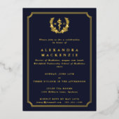 Dark Navy MD Asclepius + Laurel Wreated Afstuderen Folie Uitnodiging (Voorkant)