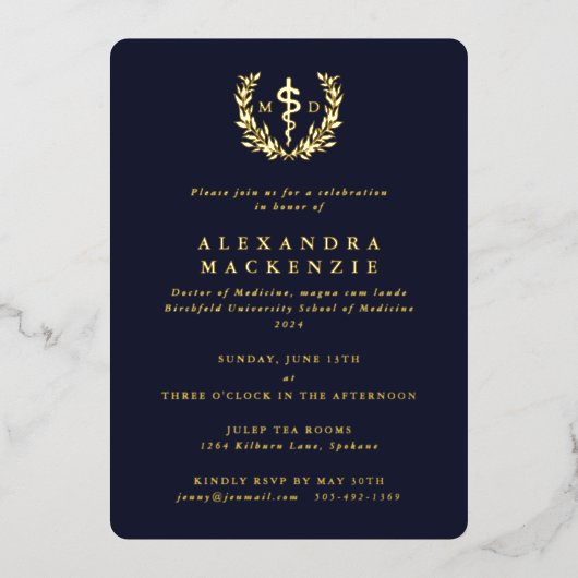 Dark Navy MD Asclepius + Laurel Wreated Afstuderen Folie Uitnodiging (Voorkant)