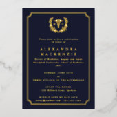 Dark Navy MD Caduceus+Laurel Wreated Afstuderen Folie Uitnodiging (Voorkant)