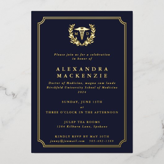 Dark Navy MD Caduceus+Laurel Wreated Afstuderen Folie Uitnodiging (Voorkant)
