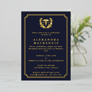 Dark Navy MD Caduceus+Laurel Wreated Afstuderen Folie Uitnodiging