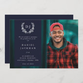 Dark Navy Monogram Laurel WreatAfstuderen Foto Aankondiging (Voorkant / Achterkant)