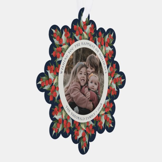 Dark Navy Red Berries+Greenery Holiday Paper Ornament Kaart (Rechts)