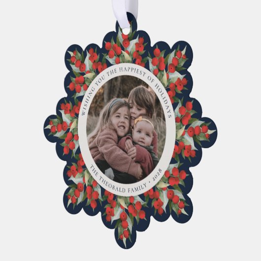 Dark Navy Red Berries+Greenery Holiday Paper Ornament Kaart (Links)