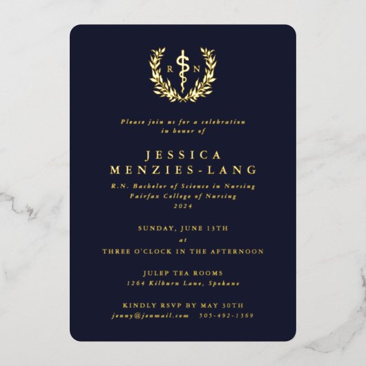 Dark Navy Registered Nurse Asclepius+Laurel Wreath Folie Uitnodiging (Voorkant)
