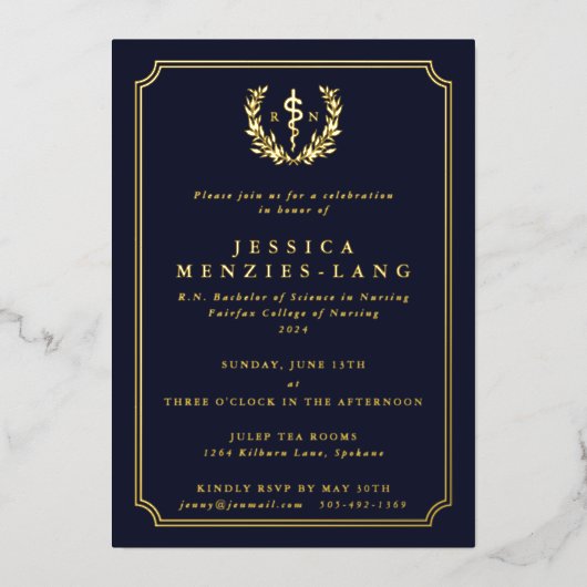 Dark Navy Registered Nurse Asclepius+Laurel Wreath Folie Uitnodiging (Voorkant)