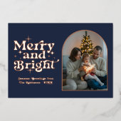 Dark Navy & Rose Gold Modern Retro Christmas Photo Folie Feestdagenkaart (Voorkant)