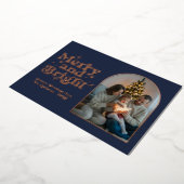 Dark Navy & Rose Gold Modern Retro Christmas Photo Folie Feestdagenkaart (Gedraaid)
