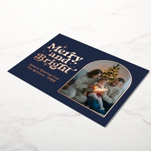 Dark Navy & Rose Gold Modern Retro Christmas Photo Folie Feestdagenkaart (Gedraaid)