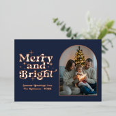 Dark Navy & Rose Gold Modern Retro Christmas Photo Folie Feestdagenkaart (Staand Voorkant)