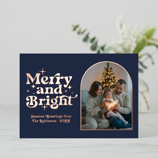 Dark Navy & Rose Gold Modern Retro Christmas Photo Folie Feestdagenkaart (Staand Voorkant)