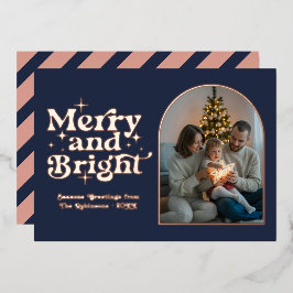 Dark Navy & Rose Gold Modern Retro Christmas Photo Folie Feestdagenkaart