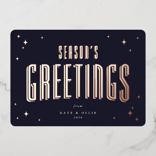 Dark Navy Season's Greetings Retro Stars Flat Folie Feestdagenkaart (Voorkant)