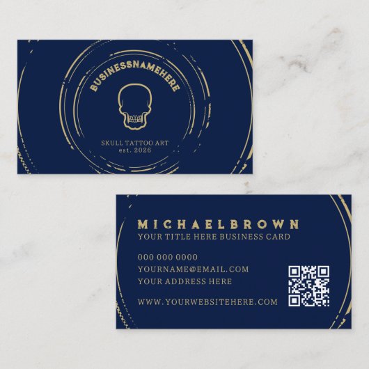 Dark Navy Skull Tattoo Piercing Studio QR-code Visitekaartje (Voorkant / Achterkant)