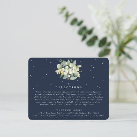 Dark Navy Snowberry+Eucalyptus Boeket Routebeschri Informatiekaartje (Staand voorkant)