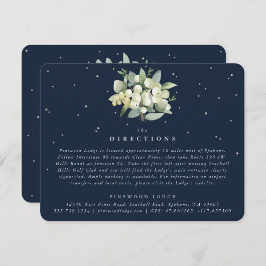 Dark Navy Snowberry+Eucalyptus Boeket Routebeschri Informatiekaartje (Voorkant / Achterkant)