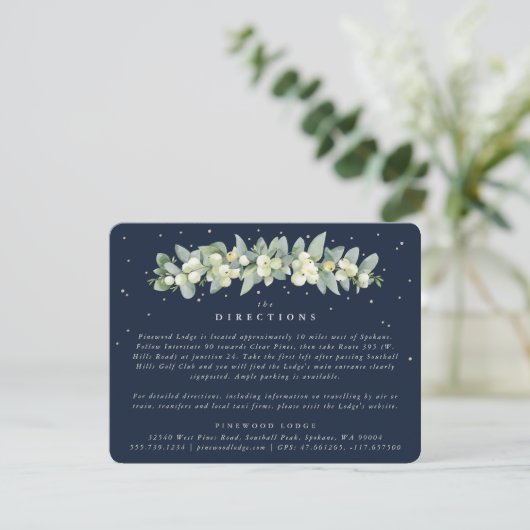 Dark Navy Snowberry+Eucalyptus Garland Routebeschr Informatiekaartje (Staand voorkant)