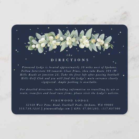 Dark Navy Snowberry+Eucalyptus Garland Routebeschr Informatiekaartje (Voorkant)