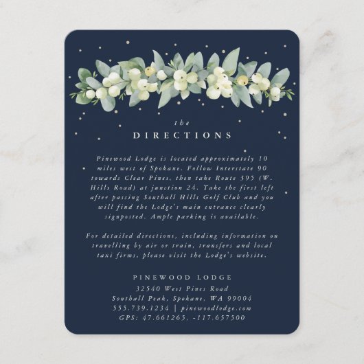 Dark Navy Snowberry+Eucalyptus Garland Routebeschr Informatiekaartje (Voorkant)