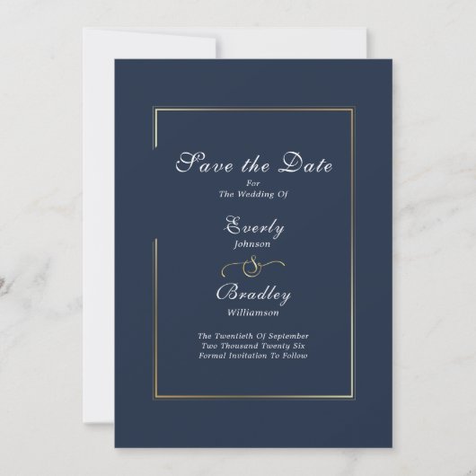 Dark Navy White Script Gold Border Bewaar de datum Kaart (Voorkant)