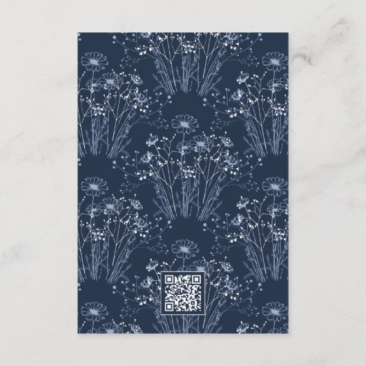 Dark Navy White Wildflower QR Code Detail Wedding Informatiekaartje (Achterkant)
